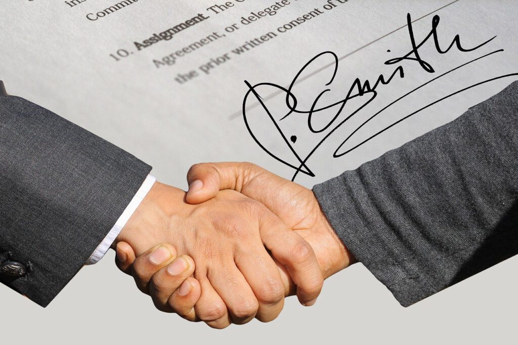 signature, contract, shaking hands